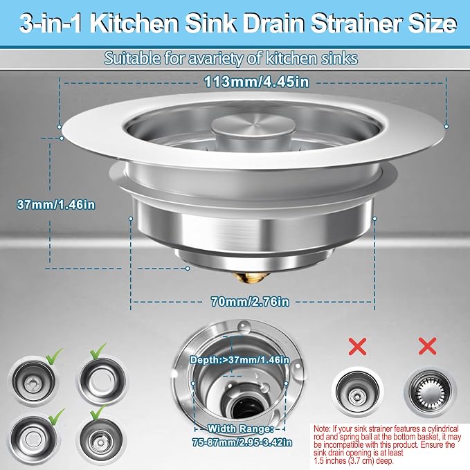 3-in-1 Kitchen Sink Drain Strainer & Stopper, Stainless Steel Food Catcher Plug - Image 6