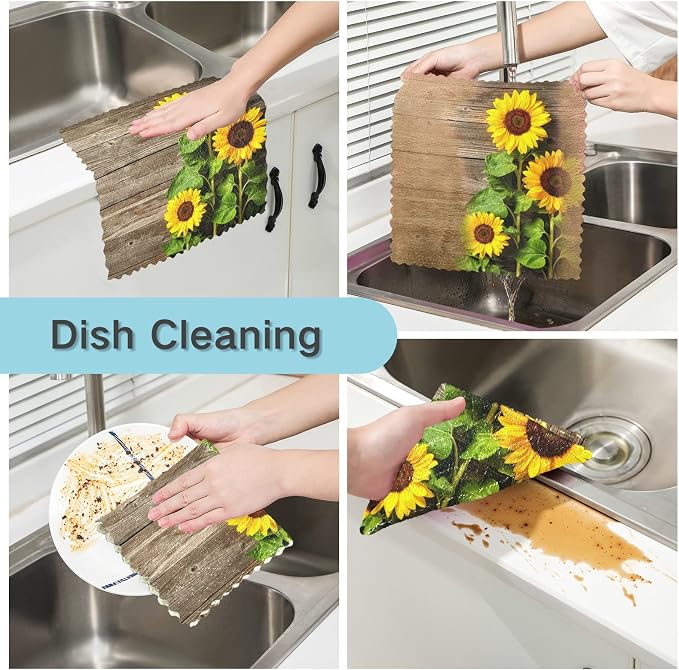 ALAZA Dish Towels Kitchen Cleaning Cloths Autumn Sunflowers On Wooden Board - Image 2