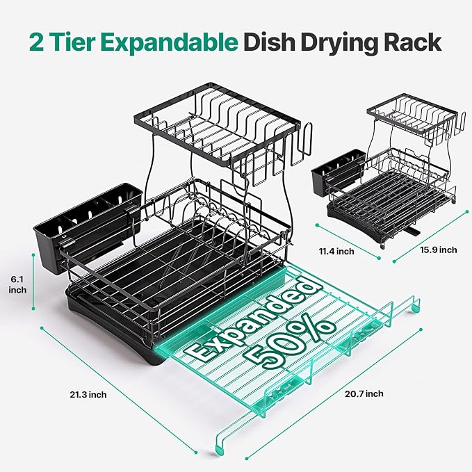 2 Tier Expandable Dish Drying Rack, Large Stainless Steel Dish Drying Rack - Image 2