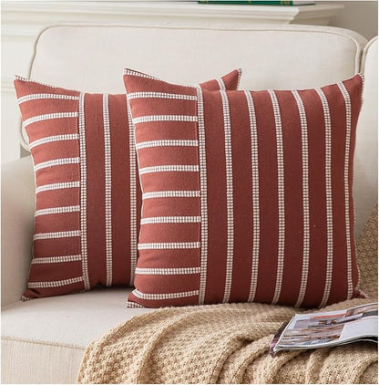 Caflife Boho Fall Throw Pillow Covers 18x18 Set of 2 Soft Farmhouse Decorative Couch Pillow Cases Rust Striped Pillow Covers Neutral Cushion Covers for Sofa Bed Living Room Home Decor