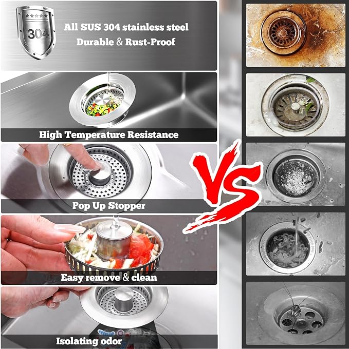 Upgraded 3 in 1 Kitchen Sink Drain Strainer Stopper, Brushed Stainless Steel - Image 3