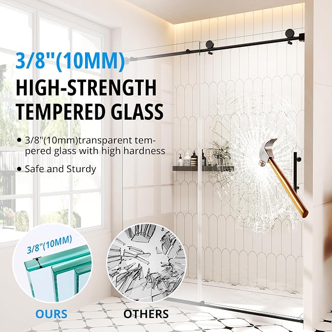 Frameless Sliding Shower Door 56–60 in W x 76 in H, 10mm Clear Tempered Glass - Image 2