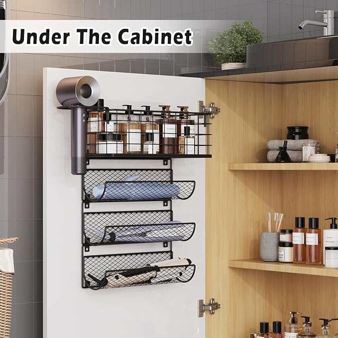 Wall-Mounted Hair Dryer Holder Styling Tool Organizer 4-Shelf Storage Wire - Image 2