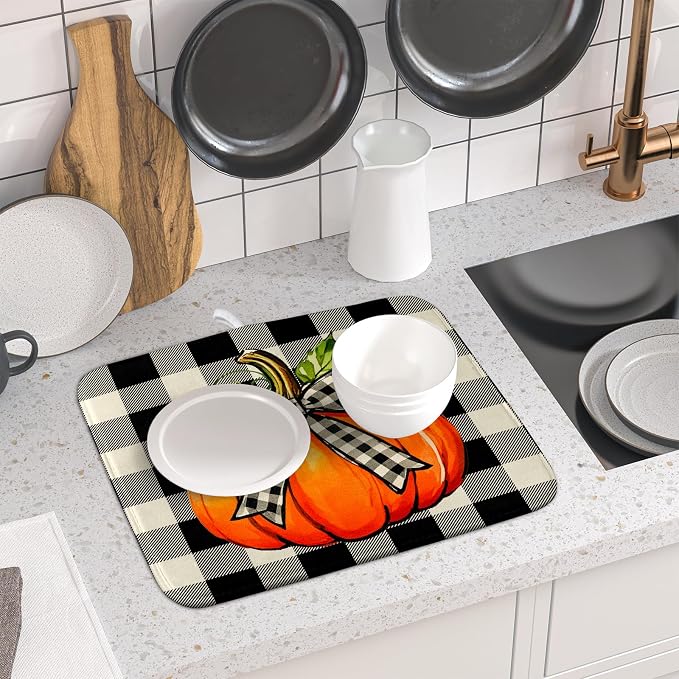 Fall Dish Drying Mat for Kitchen Counter 16x18 Autumn Pumpkin Plaid Theme - Image 6