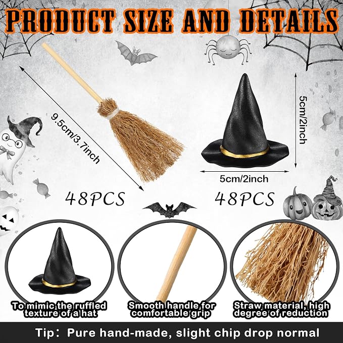 96 Pcs Mini Witch Hats and Broom - Image 3