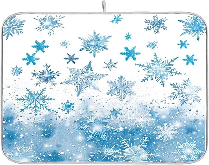 Winter Snowflake Blue Dish Drying Mat by Wamika