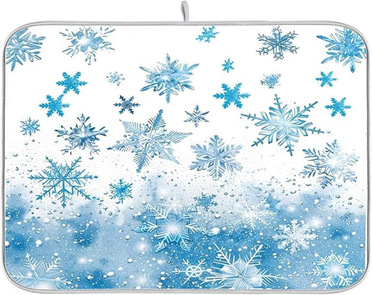 Winter Snowflake Blue Dish Drying Mat by Wamika