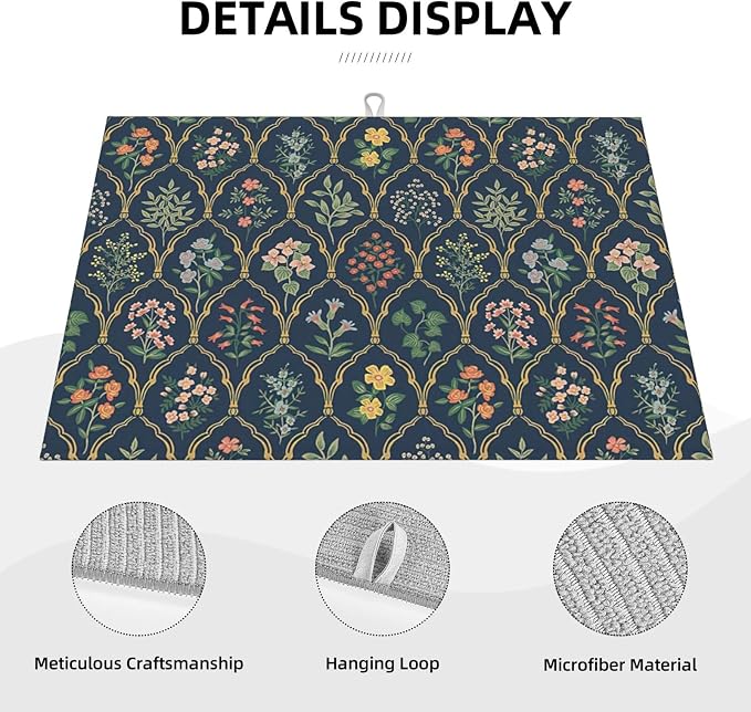 Vintage Flowers Dish Drying Mat 18x24 inches Microfiber Absorbent Fast Dry Mat - Image 4
