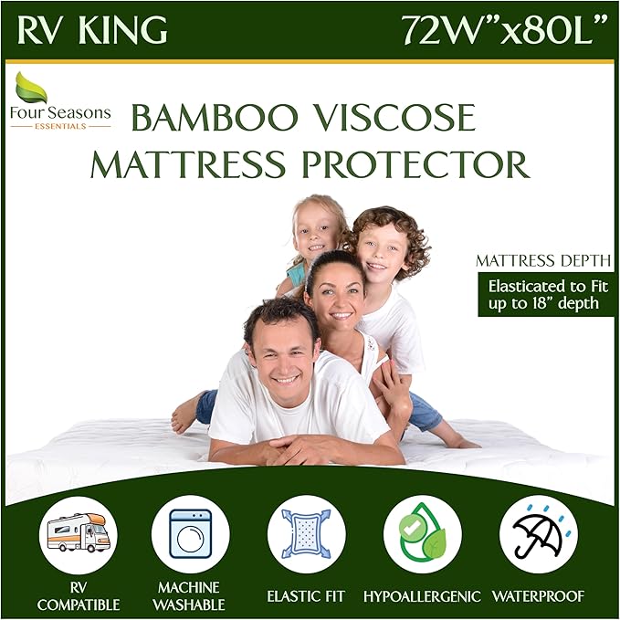 Four Seasons Essentials RV King Size Waterproof Mattress Protector - Cooling Viscose derived from Bamboo Fitted Sheet Mattress Cover - Quilted Jacquard Pad Protects from Dust Allergens