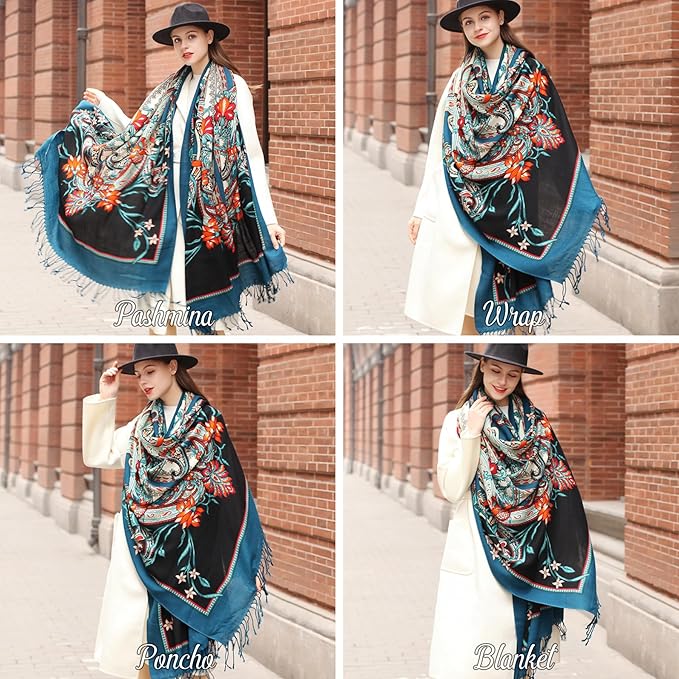 DANA XU 100% Merino Wool Pashmina Shawl for Women 96"x43", Oversized Cashmere Wrap with Tassels, Floral Travel Blanket Cape