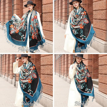 DANA XU 100% Merino Wool Pashmina Shawl for Women 96"x43", Oversized Cashmere Wrap with Tassels, Floral Travel Blanket Cape