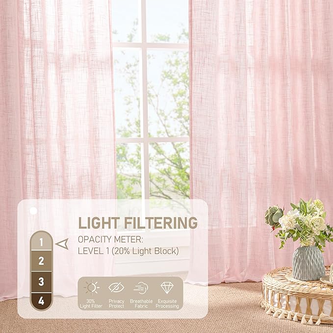 LAMIT Pink Linen Curtains 45 Inch Length 2 Panels, Light Filtering Panels Back Tab and Rod Pocket Country Decor Drapes for Kitchen/Window/Loft Room/Bedroom, 34 x 45 Inch