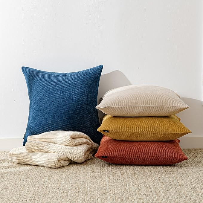 a moment Pack of 2 Decorative Chenille Throw Pillow Covers with Twill Cushion Covers for Sofa Living Room Couch Bed 22x22 Inch Blue