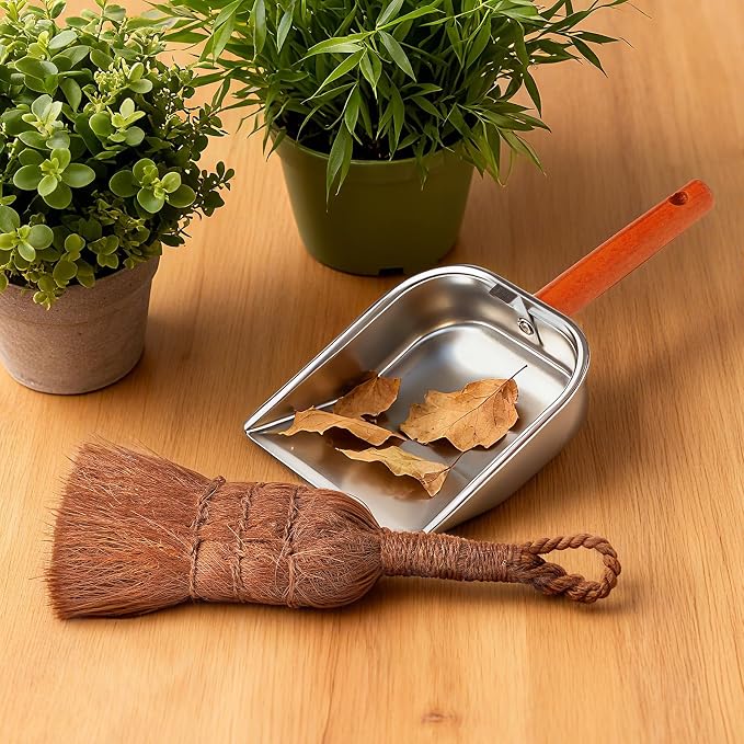 Mini Dustpan and Brush Set, Palm Fiber Handheld Small Broom and Metal Dustpan - Image 3