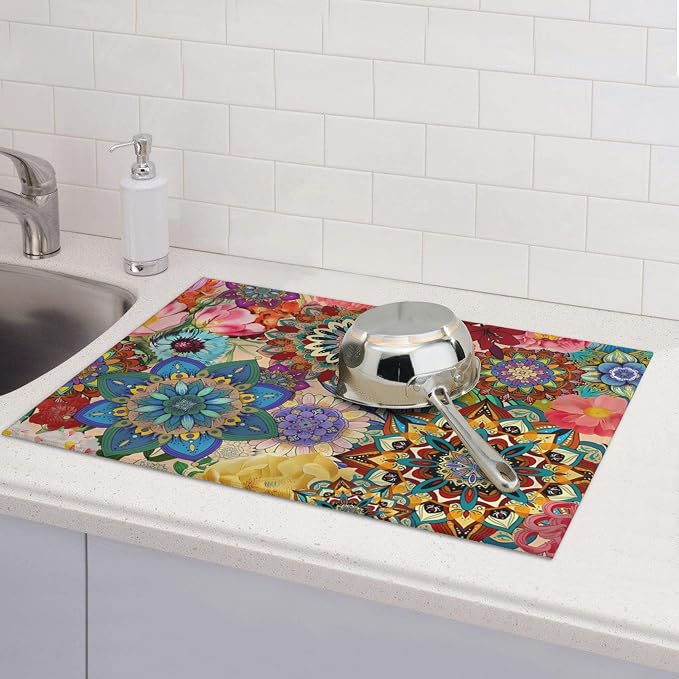 Boho Floral Dish Drying Mat for Kitchen Counter, 18 x 24 Inch Microfiber Dish - Image 7