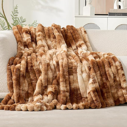 Cozy Bliss Faux Fur Throw Blanket for Couch, Cozy Warm Plush Striped Blanket for Sofa Bedroom Living Room, 108 * 90 Inches Tie-dye Brown