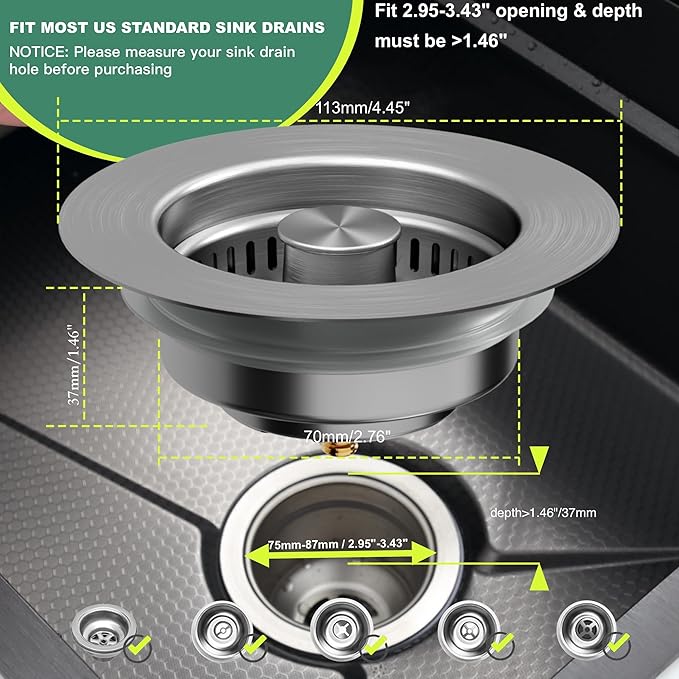 Sink Drain Strainer 3 in 1, 304 Stainless Steel Pop Up Sink Stopper, - Image 6