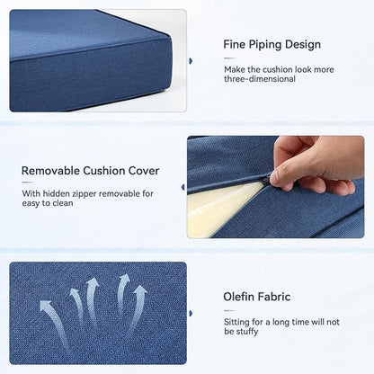 Luxury 6" Outdoor Cushions for Patio Furniture, 24x24x6" Thick Seat Cushion Set of 7, Fade Resistant Couch Chair Replacement Cushions High Density Deep Wicker Chair Cushion w/ Removable Cover, Blue