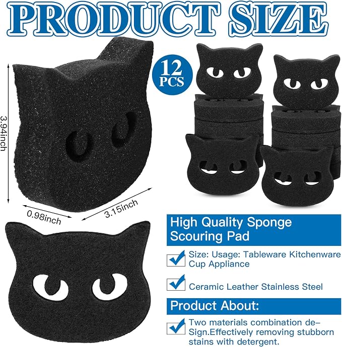 Tioncy 12 Pack Black Cat Sponges Bulk Dual Sided Scrubber Sponges Dishwashing - Image 3