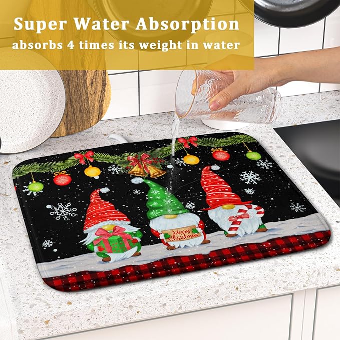 Merry Christmas Dish Drying Mat Black Gnomes Dish Drainer Mats 16x18 Inch - Image 7