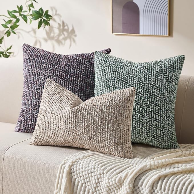 Decorative Couch Throw Pillow Covers 26x26 Purple Striped Soft Wool Pillow Covers Neutral Textured Boho Cushion Covers for Modern Farmhouse Sofa Bedroom Living Room Decor SY011-E26