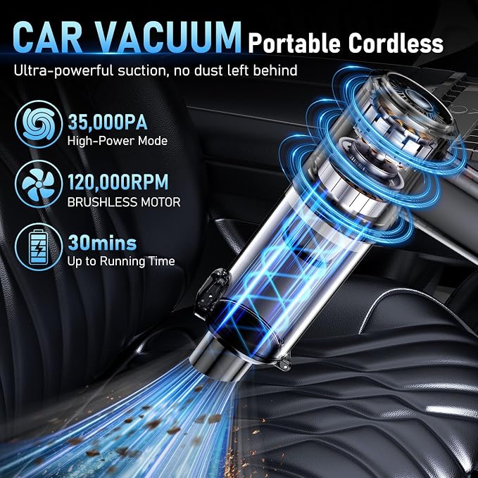 Car Vacuum Portable Cordless, 35000Pa High Power Brushless Motor Handheld Vacuum - Image 2