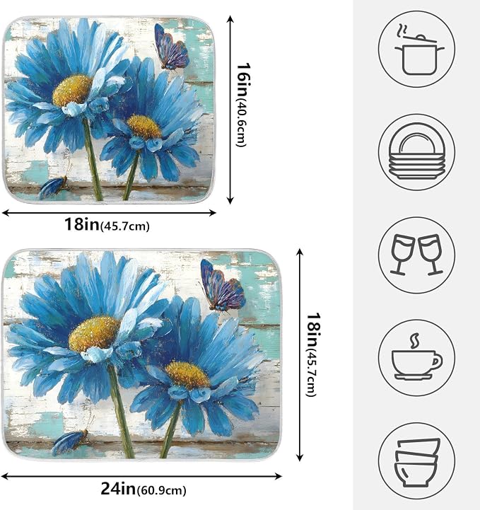 Rustic Daisy Blue on Vintage Wooden Dish Drying Mat - Image 2