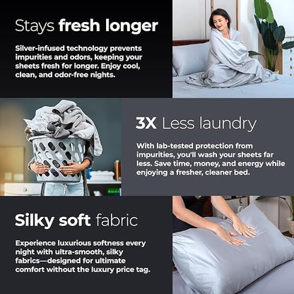 Silvery Silver Infused Bed Sheets Set - Award-Winning Self-Cooling Fabric with Self-Cleaning Silvery Technology™ That Stays Fresh 3X Longer for Hygienic Sleep (Gray, Full)