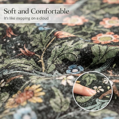 MUJOO 8x10 Area Rugs,Floral Washable Rugs for Living Room Dining Room Bedroom,Large Throw Carpet,Boho Non Slip Indoor Floor Big Soft Botanical Vintage Ultra-Thin Black and Green
