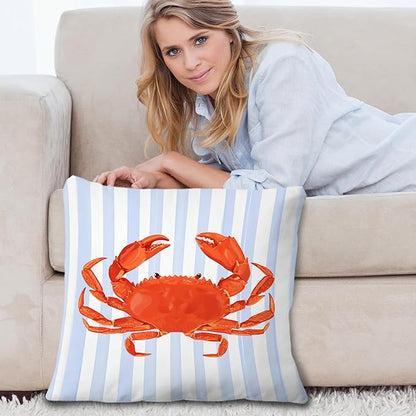 Coastal Red Crab Pillow Covers 18x18, Blue and White Striped Coastal Nautical Crab Throw Pillow Covers for Bedroom Beach House Home, Preppy Beach Room Decor