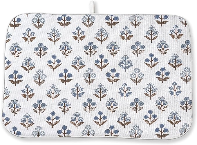 Blue Brown Block Print Dish Drying Mats 18x24 Inch Blue Brown Vintage Spring by GOLIANDA