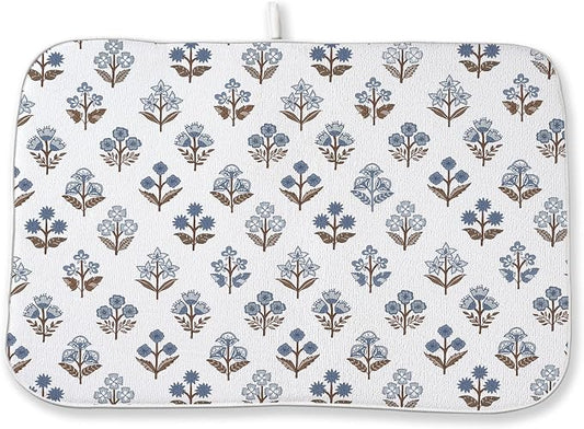 Blue Brown Block Print Dish Drying Mats 18x24 Inch Blue Brown Vintage Spring by GOLIANDA