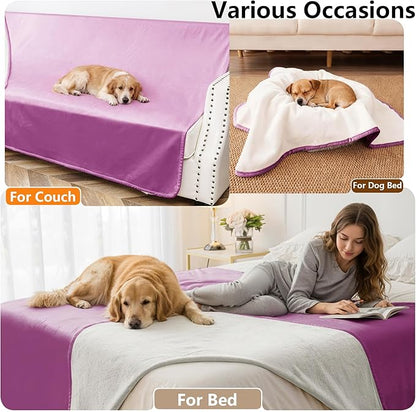 Waterproof Blanket for Bed King Size, Leak Proof Dog Couch Blankets Reversible, Pet Throw Sofa Furniture Protector Machine Washable-82 x108,Purple+Cream