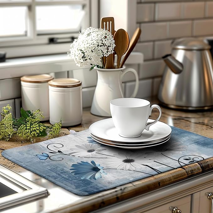 Dish Drying Mat for Kitchen Counter 18x24 Inch Blue Grey Daisy Drying Pads - Image 6
