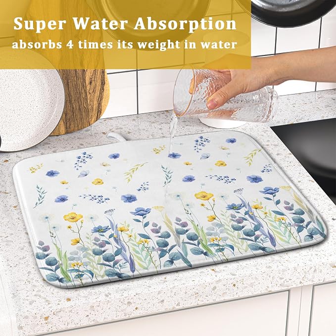 Floral Dish Drying Mat for Kitchen Counter 18x16 Inch Yellow Purple Flower - Image 7