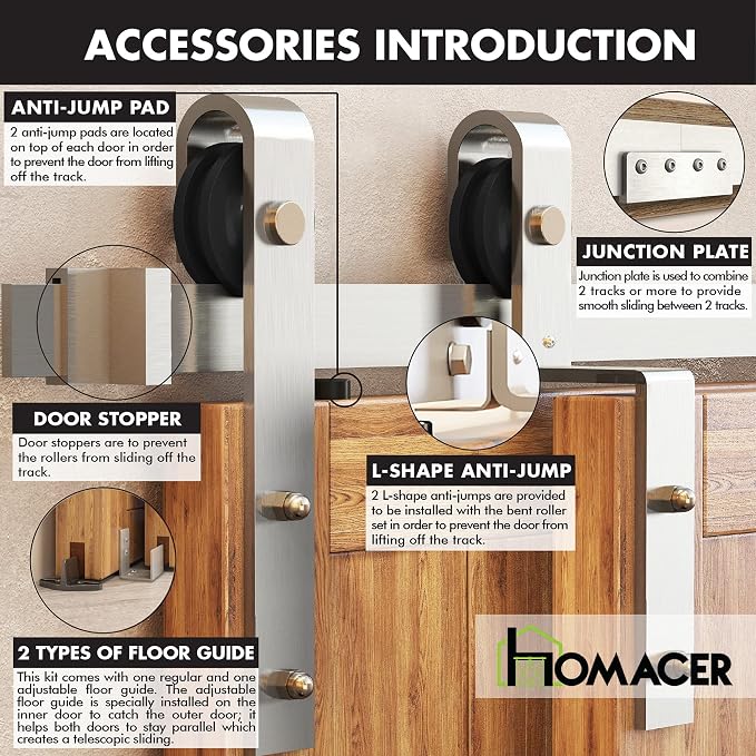 Homacer Brushed Nickel Single Track Bypass Sliding Barn Door Hardware Kit - Image 7