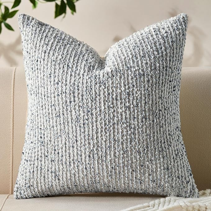 Decorative Couch Throw Pillow Covers 16x16 Blue Striped Soft Wool Pillow Covers Neutral Textured Boho Cushion Covers for Modern Farmhouse Sofa Bedroom Living Room Decor SY011-C16