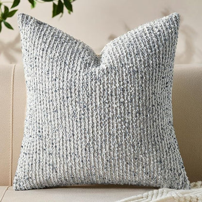 Decorative Couch Throw Pillow Covers 16x16 Blue Striped Soft Wool Pillow Covers Neutral Textured Boho Cushion Covers for Modern Farmhouse Sofa Bedroom Living Room Decor SY011-C16