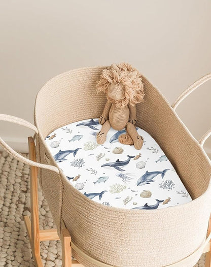 Bassinet Sheets for Baby Girls Boys 2 Pack, Fitted Baby Mattress Sheet for Rectangle, Oval, Hourglass Bassinet Mattress, Breathable Cozy & Universal Fit (Aquatic Adventures)