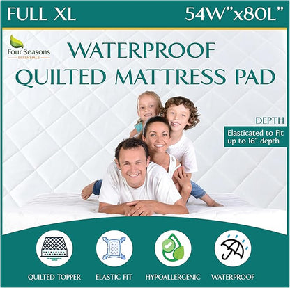 Full XL Size Waterproof Mattress Pad - Fitted Mattress Protector with Quilted Pillow Top Mattress Topper - Premium Quality Hypoallergenic Mattress Cover (54”x80”) Extra Long Full