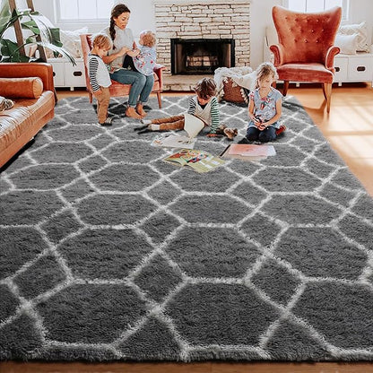 ONASAR Area Rugs for Bedroom Living Room, Washable 4x6 Fluffy Grey and White Floor Rug, Shaggy Geometric Soft Plush Fuzzy Carpet for Nursery Teen Playroom Dorm Office Home Decor Aesthetic