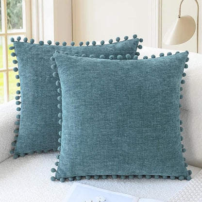 CaliTime Throw Pillow Covers Decorative 18 X 18 Inches Pack of 2 Cozy Solid Dyed Soft Chenille Cushion Cases with Pom Poms for Couch Sofa Bed Living Room Home Smoke Blue