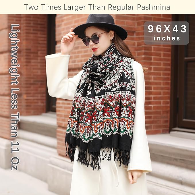 DANA XU 100% Merino Wool Extra Large Pashmina Blanket Travel Scarf Cashmere Wrap for Women Fall Winter Oversize Shawl Floral