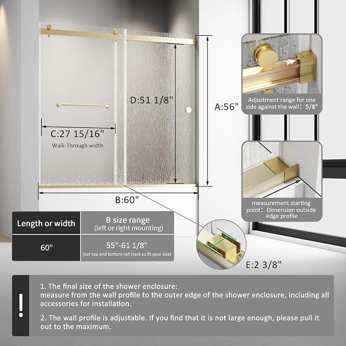 Bathtub Sliding Door 60" W x 56" H, Tub Shower Door, Frameless Bypass Double - Image 4