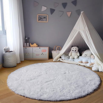 ONASAR White Round Area Rug 4ft, Soft Bedroom Circle Rugs Floor Mat for Kids Girls Boys Teen Room, Fuzzy Plush Shaggy Carpet for Baby Nursery Living Room Playroom Home Decor