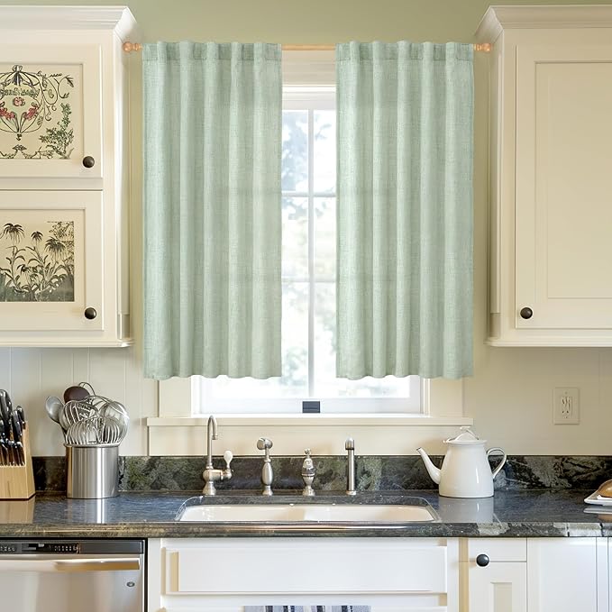 YoungsTex Sage Green Short Linen Curtains 48 Inch Length - Image 2