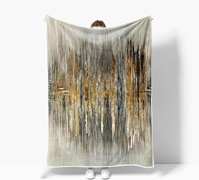 Abstract Throw Blankets, Modern Gray Gold crackNon Cozy Warm Bed Couch Blanket, Stripe Contemporary Abstract Painting White Fleece Flannel Throws to Decorate The Room and Bedroom