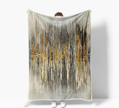 Abstract Throw Blankets, Modern Gray Gold crackNon Cozy Warm Bed Couch Blanket, Stripe Contemporary Abstract Painting White Fleece Flannel Throws to Decorate The Room and Bedroom