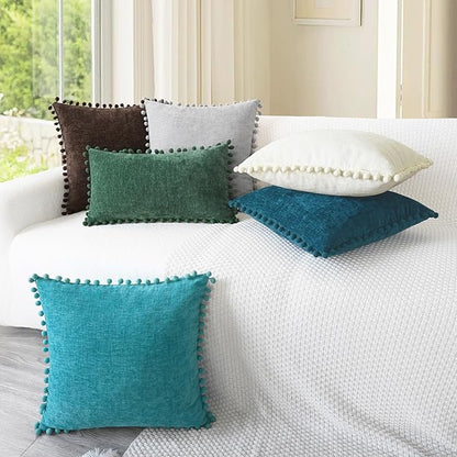 CaliTime Throw Pillow Covers Decorative 20 X 20 Inches Pack of 2 Cozy Solid Dyed Soft Chenille Cushion Cases with Pom Poms for Couch Sofa Bed Living Room Home Cream