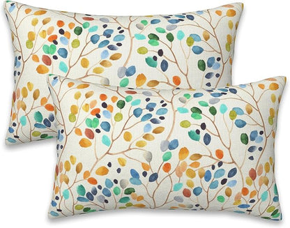 Throw Pillow Covers Colorful Leaves Spots Pillow Covers 20x12 Inch Set of 2 Boho Floral Throw Pillows Decorative Pillow Cases Cushion Covers for Bedroom Livingroom Sofa Farm House